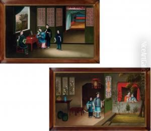 Court Ladies In Garden Pavilions, A Pair by You Qua