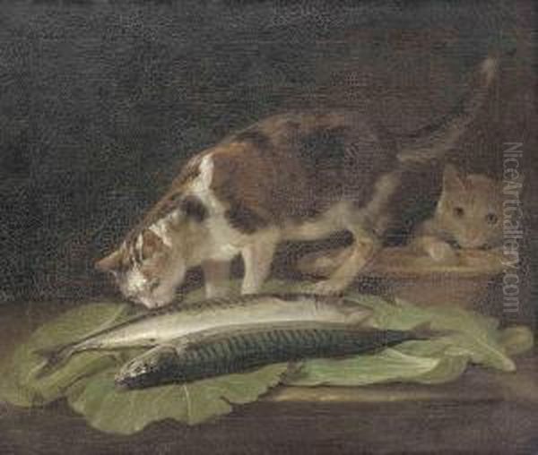 Two Cats On A Table With An Earthenware Bowl And Two Fish - view 1