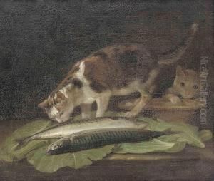 Two Cats On A Table With An Earthenware Bowl And Two Fish by Martin Ferdinand Quadal