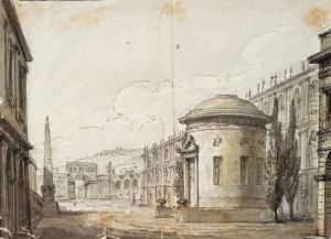 Mittelschiff Einer Kirche Italienische Vedute Mit Rundtempel Und Obelisk