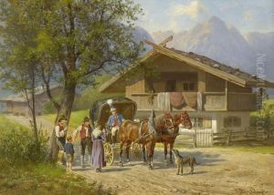 Postillon Mit Bauernfamilie Auf Der Dorfstrase by Franz Quaglio