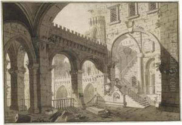Architectural Capriccio With A Rusticated Arcade Overlooking A Courtyard - view 1