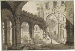Architectural Capriccio With A Rusticated Arcade Overlooking A Courtyard by Giovanni Maria Quaglio