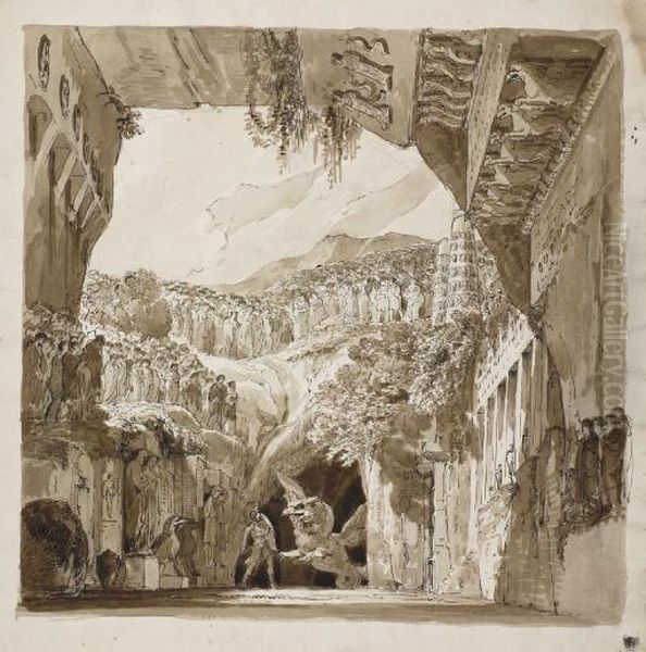A Stage Design: A Man Fighting A Dragon In A Cave ( - view 1