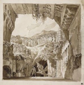 A Stage Design: A Man Fighting A Dragon In A Cave ( by Lorenzo I Quaglio