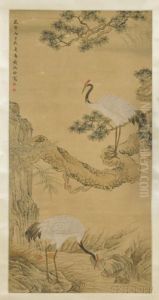 Depicting Two Cranes With Pine Trees And Bamboo by Shen Quan