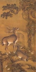 Deer And Monkeys In A Landscape by Shen Quan