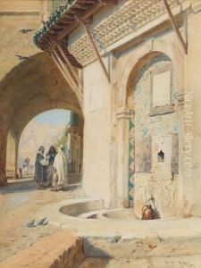 Moroccan Street Scene, With Figures Conversing Beneath An Arch
