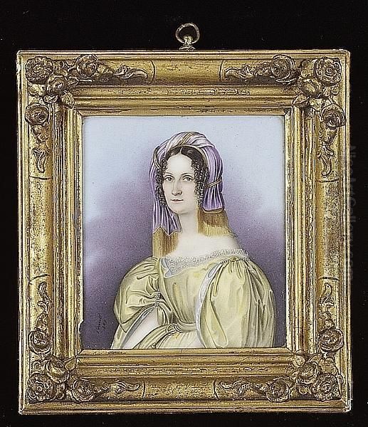 A Lady, Wearing Yellow Dress, With Green Lining, The Sleeves Looped With Pearls And A Jewelled Brooch, A Mauve, Gold-fringed Turban Over Her Dark Curled Hair - view 1