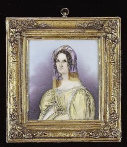 A Lady, Wearing Yellow Dress, With Green Lining, The Sleeves Looped With Pearls And A Jewelled Brooch, A Mauve, Gold-fringed Turban Over Her Dark Curled Hair