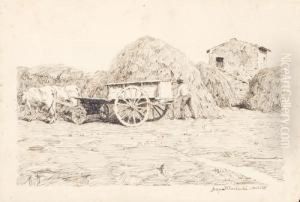 Contadino, Carro Con Buoi Bianchi E Covoni Digrano by Domenico Quattrociocchi