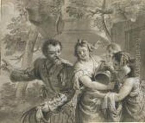 A Soldier With Three Young Women Carrying Armour