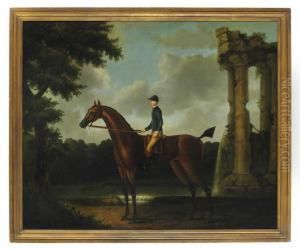 A Bay Racehorse With Jockey Up In A Wooded Landscape By A Classical Ruin With A Fountain Inscribed 'drowsy by Daniel Quigley