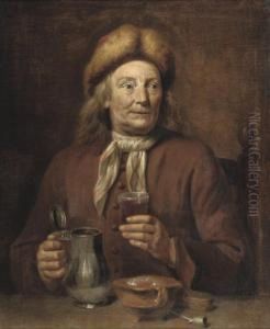 A Gentleman Seated At A Table Smoking And Drinking