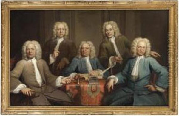 Ritratto Di Cinque Gentiluomini, Probabilmente Governatori Di Una Gilda, Seduti Intorno A Un Tavolo Coperto Da Un Tappeto[oil Of Canvas] - view 1