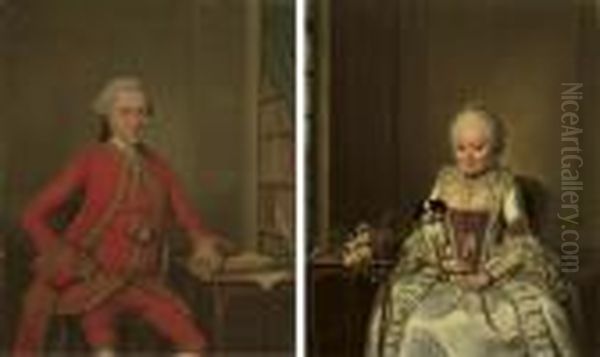 Portrait Of Gentleman Said To Be Hendrik De Roo, Three-quarter-length, In A Red Costume And Wig; And Portrait Of A Lady Said To Be Hester Constantia De Witt, Three-quarter-length, In A White Satin Dress - view 1