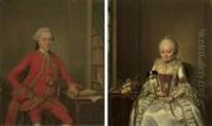 Portrait Of Gentleman Said To Be Hendrik De Roo, Three-quarter-length, In A Red Costume And Wig; And Portrait Of A Lady Said To Be Hester Constantia De Witt, Three-quarter-length, In A White Satin Dress by Jan Maurits Quinkhard