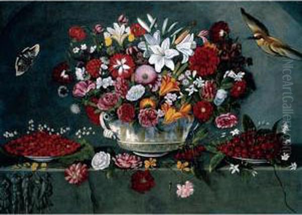 Still Life Of Flowers In A Ceramic Pot, Flanked By A Plate Of Cherries And A Plate Of Wild Strawberries, Together With Various Blooms, All Arranged Upon A Stone Relief, With A Bird And Butterfly - view 1