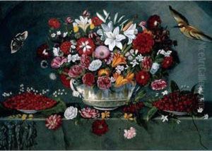 Still Life Of Flowers In A Ceramic Pot, Flanked By A Plate Of Cherries And A Plate Of Wild Strawberries, Together With Various Blooms, All Arranged Upon A Stone Relief, With A Bird And Butterfly by Giovanni Quinsa
