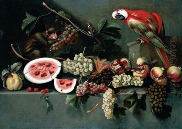 Still Life Of Watermelon, Grapes, Pomegranates, Pears And Cherries, Together With A Monkey, A Goldfinch And A Macaw, Set Upon A Stone Ledge - view 1