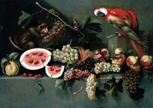 Still Life Of Watermelon, Grapes, Pomegranates, Pears And Cherries, Together With A Monkey, A Goldfinch And A Macaw, Set Upon A Stone Ledge
