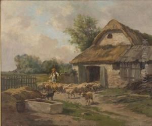 Herding Sheep Out Of A Barn by Clement Quinton