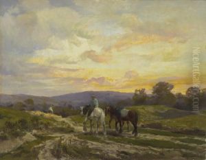 Abendliche Landschaft Mit Heimkehrendem Bauer Und Pferden Abendliche Landschaft Mit Heimkehrendem Bauer Und Pferden
