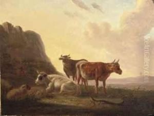 A Herdsman And His Cattle At Sunset