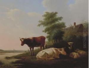 Cattle And Sheep On A Riverbank By A Farmhouse