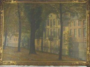 Depicting A Scene Of Awet Dutch Street Scene, With Autumn Trees In The Foreground. by Jan Quisthout