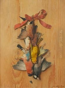 A Still Life Of Song Birds Hung By A Redribbon