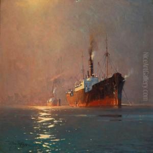 Ships In Copenhagen Harbour by Victor H.W. Qvistorff