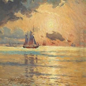 Seascape With Sailing Ships At Sunset by Victor H.W. Qvistorff