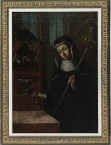 Saint With Staff And Vessel Contemplating The Death Of The Virgin