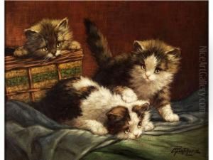 Drei Katzchen Auf Einem Tuch Neben Einem Nahkorb Spielend by Cornelis Raaphorst