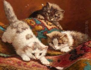 Three Playfull Kittens With A Feather by Cornelis Raaphorst