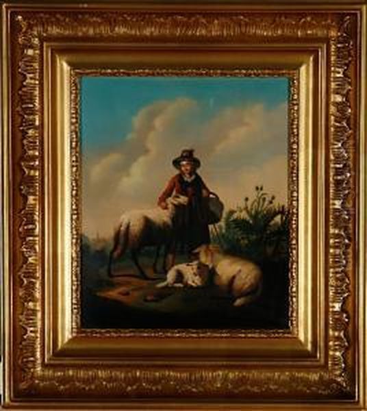 A Young Shepherdess With Three Sheep - view 1