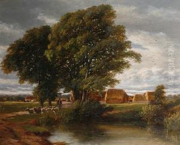 A Farmstead With A Shepherd And His Flock In The Foreground - view 1