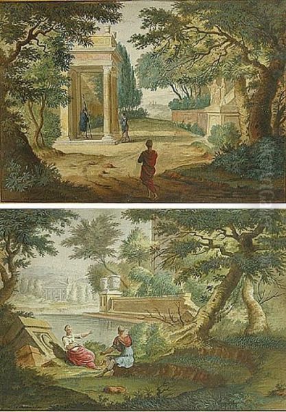 Paire D'aquarelles Representant Des Scene Classiques - view 1