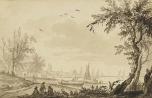 Paysan Avec Son Troupeau Aux Abords D'un Village; Et Bateaux Au Bord Du Rivage by Abraham Rademaker