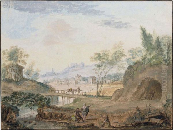 An Italianate Landscape With A Chapel Beside A Lake by Abraham Rademaker