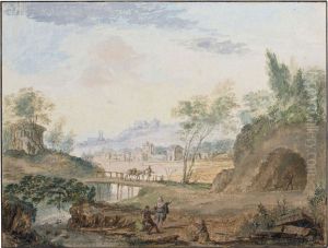 An Italianate Landscape With A Chapel Beside A Lake by Abraham Rademaker