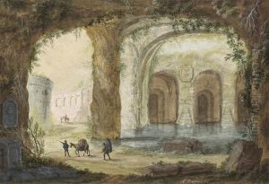 Italian Landscape With Grottos And Ruins by Abraham Rademaker