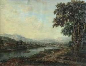 A River Landscape With A Town Beyond by Abraham Rademaker
