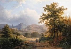 A Mountainous Woodland With The Kurhaus, Cleves, In The Distance; Awooded River Landscape At Dusk A Mountainous Woodland With The Kurhaus, Cleves, In The Distance; Awooded River Landscape At Dusk