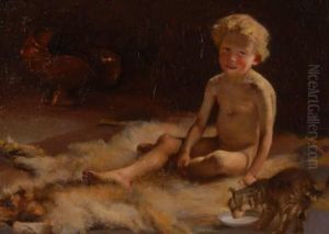 Young Boy With Cat On A Fur Rug Young Boy With Cat On A Fur Rug