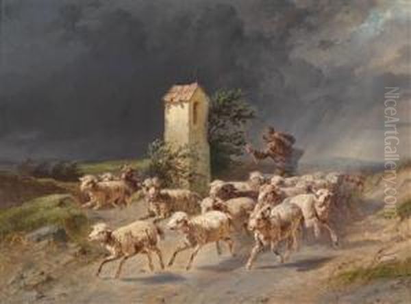 Flight Of A Shepherd With His Sheep From An Oncoming Storm - view 1