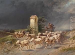 Flight Of A Shepherd With His Sheep From An Oncoming Storm by Johann Gualbert Raffalt