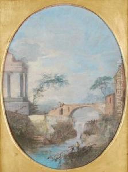 Capriccio With Elegant Figuresbefore A Waterfall Figures Crossing A Bridge - view 1