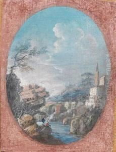 Figures Resting On A Rock Before A Riverlandscape by Maria Luigia Raggi